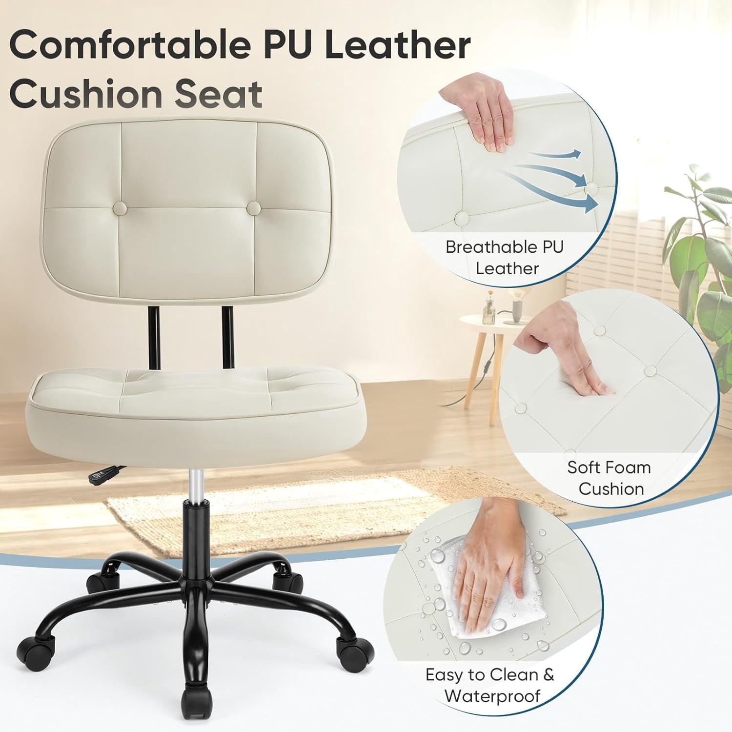 Armless Vanity Chair for Makeup Room, Small Desk Chair with Tufted PU Leather, Adjustable Height Rolling Computer Chair for Home Office & Dorm, Beige