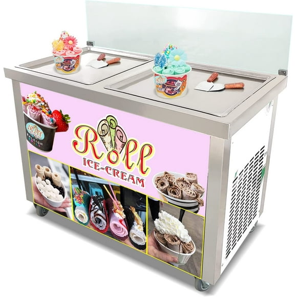 Kolice Machine Commerciale de Rouleaux de Crème Glacée Frite ETL NSF UL, Machine à Glaçons - Doubles 21 Pouces x 21 Pouces Plats Carrés, Contrôle Intelligent de la Température, Pare-Éternuement Transparent