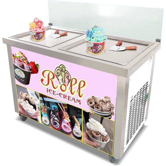 Kolice Commercial ETL NSF UL Fried Ice Cream Roll Machine,Ice Pans Machine-Double 21" x 21" Square Pans,Smart Temperature Control,Transparent Sneeze Guard