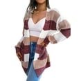 thumbnail image 4 of Xuanfei Women Striped Color Block Open Front Lantern Long Sleeve Cardigan Sweater Coat With Pocket, 4 of 7