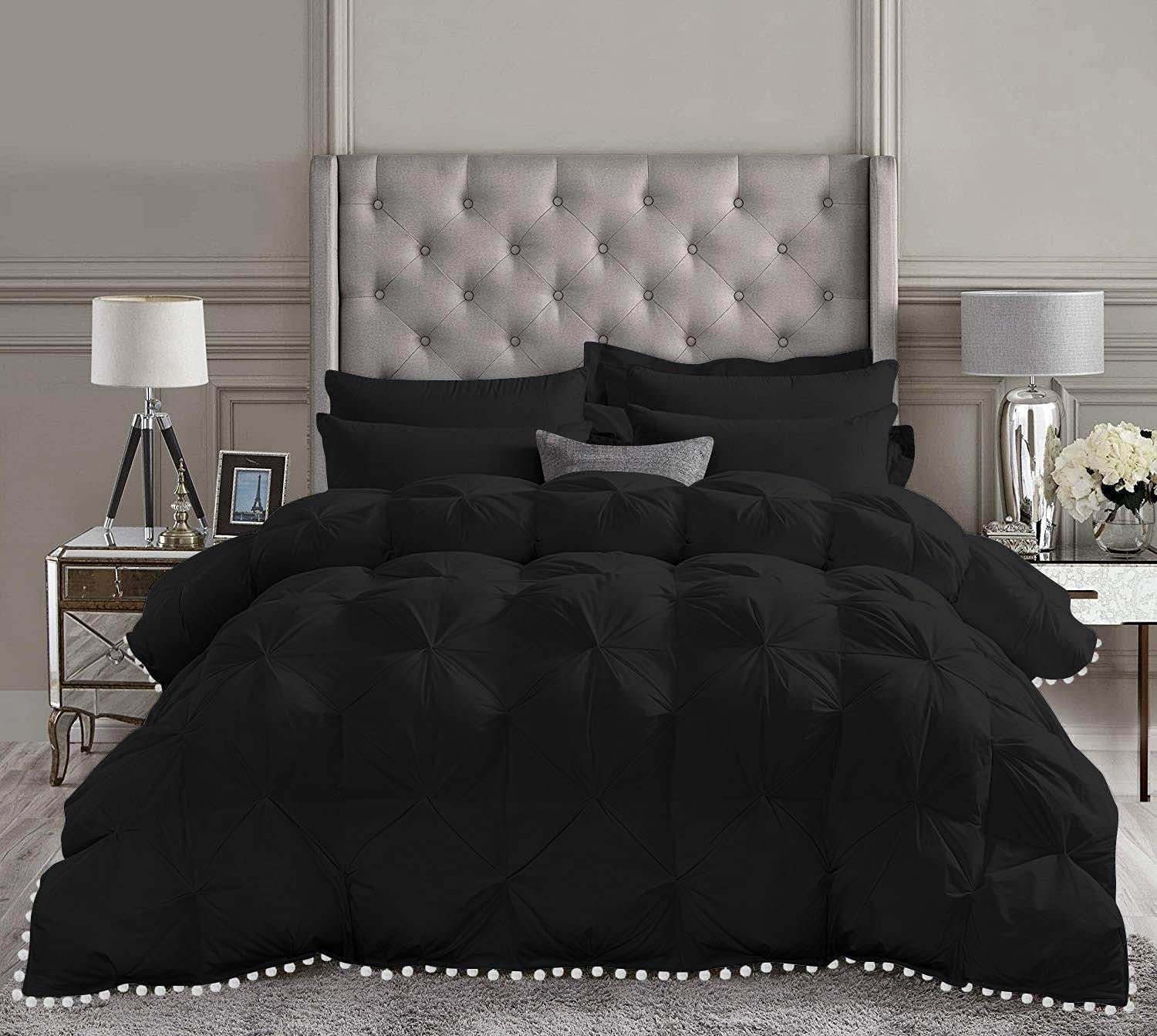D.N.G. BEDDINGS Luxurious 3 Piece Pom Pom Pinch Pleated Comforter Set, 800 Thread Count, 100% Egyptian Cotton, White Vintage Pom-Pom Fringe (Super King Size Solid Black Color)
