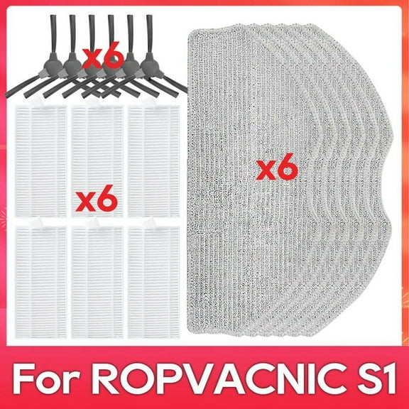 For ROPVACNIC S1 / Tipdiy G90 / Betboyles V75S / VIPSUN Z1 Side Brush Filter Mop Robot Vacuum Cleaner Spare Parts Kit,6 * side brush 6 * hepa filter 6 * mop cloth