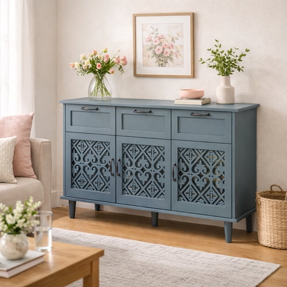 Hearthora 3-Door 3-Drawer Storage Cabinet with Carved Doors, Blue Sideboard for Living Room