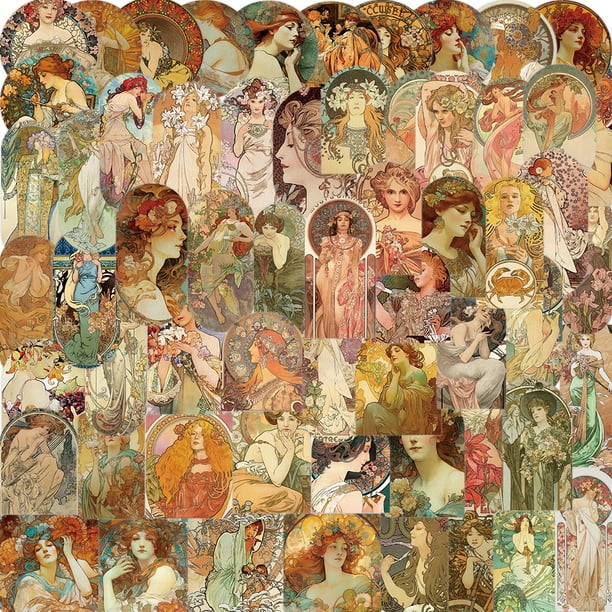Paquete de pegatinas vintage de inspiración Art Nouveau Mucha x60