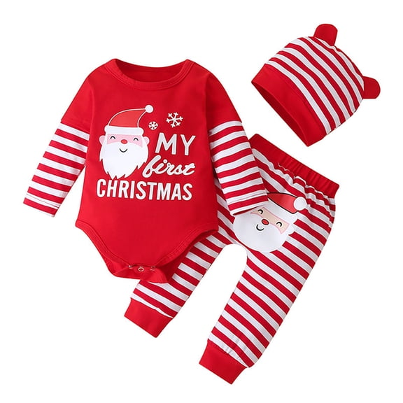 eczipvz My 1st Christmas Outfits Christmas Baby Boy Outfit Baby Boy Clothes Infant Romper Red Striped Pants Hat 3Pcs Red,12-18M
