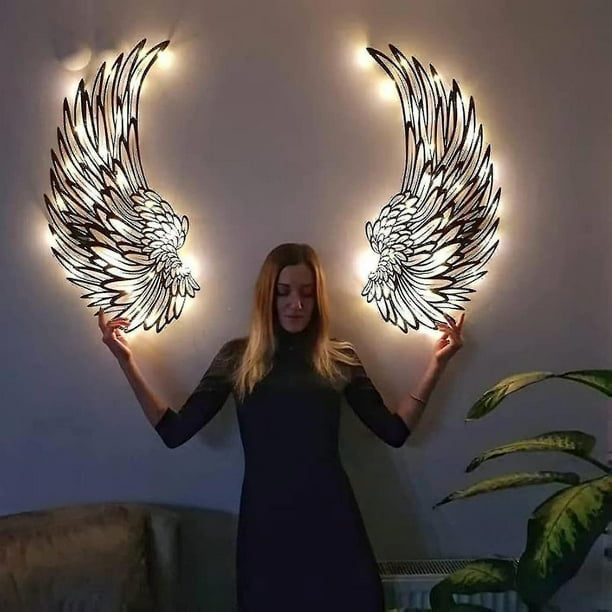 Decoración de pared de alas de ángel de metal con luces, decoración de pared de alas de ángel de metal colgante (hy)