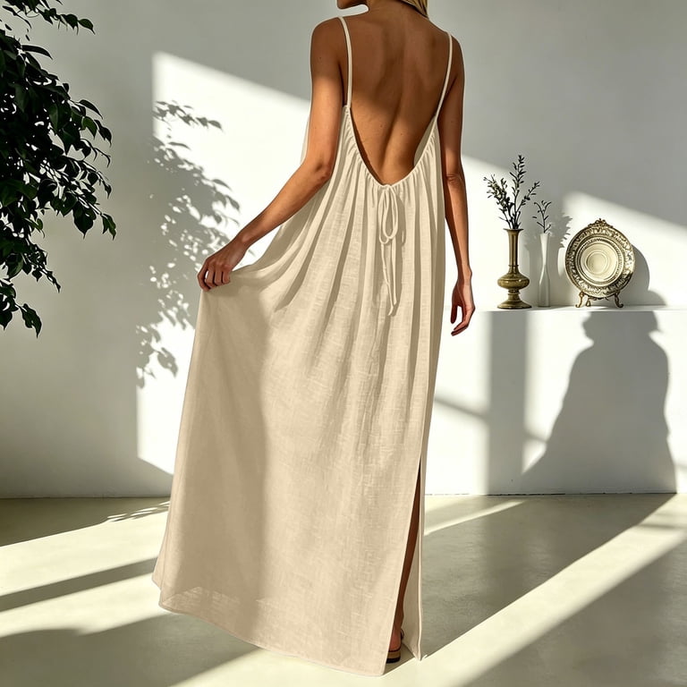 beige dress flowy Women's Casual Maxi Backless Cami Spaghetti Strap Elegant Relaxed Sleeveless Coat Dress Loose Fit Sleeveless Dress Summer Dresses This is a product MMH Cutout Split Flare Sleeve Size:Adult Large (12-14)
