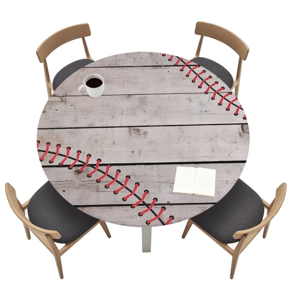 Round Tablecloths with Elastic Edged Sports Baseball Texture Red Lines Fitted Table Cloth Fits Tables up to 36"-44", Farm Wooden Plank Waterproof Table Cover for Indoor Outdoor Party