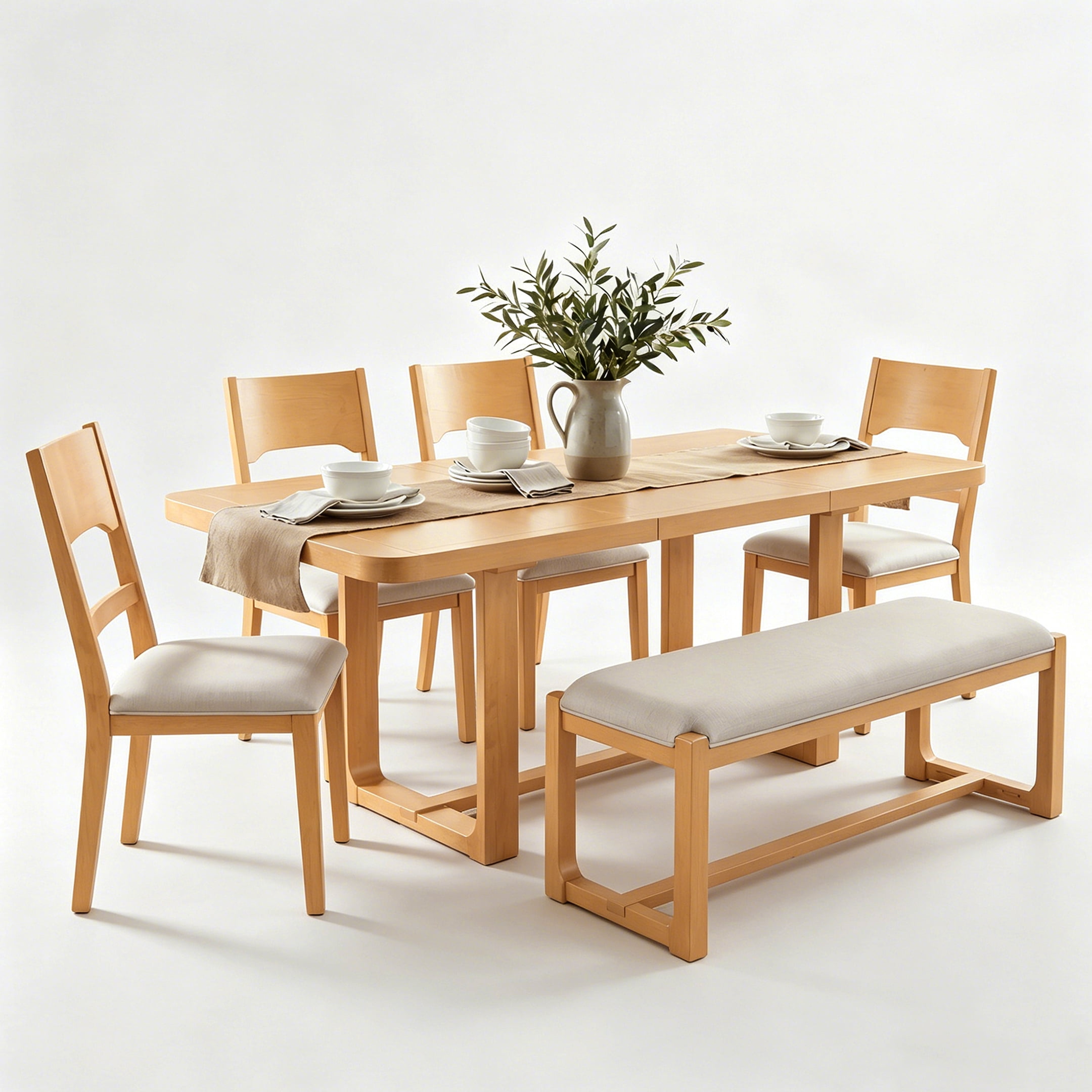 Mintazer 6-Piece Extendable Dining Table Set with 4 Upholstered Chairs & Bench, Rectangular Expandable Kitchen Table with Anti-Scratch Foot Pads, Natural