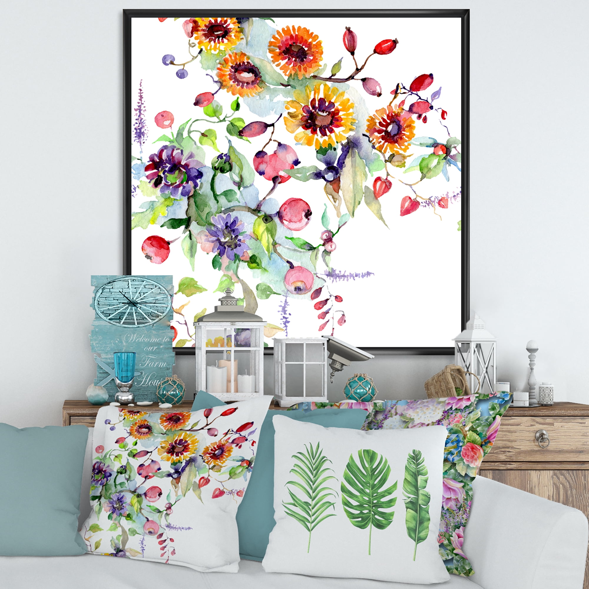 Designart 'Wildflowers and Vibrant Wild Spring Leaves XI' Modern Framed Canvas Wall Art Print