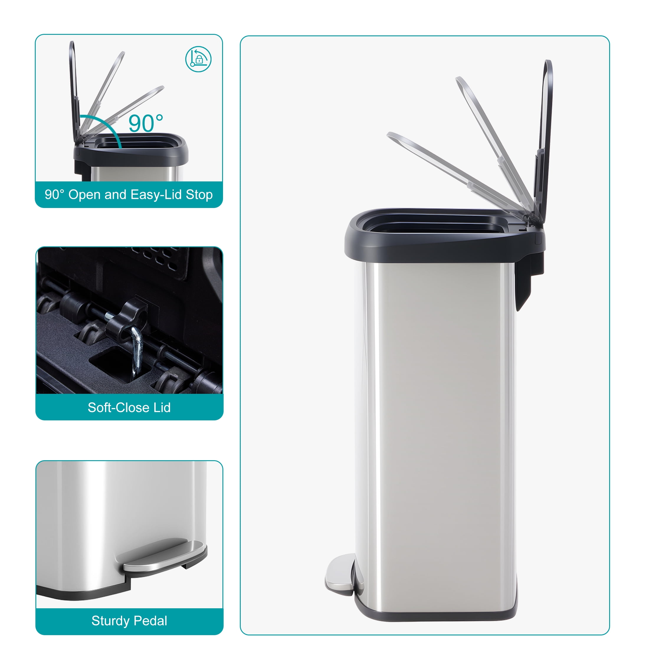 EDX 21.13 Gallon Lidded Recycling Bin, Pedal-Operated Trash Can, Stainless Steel, Silver