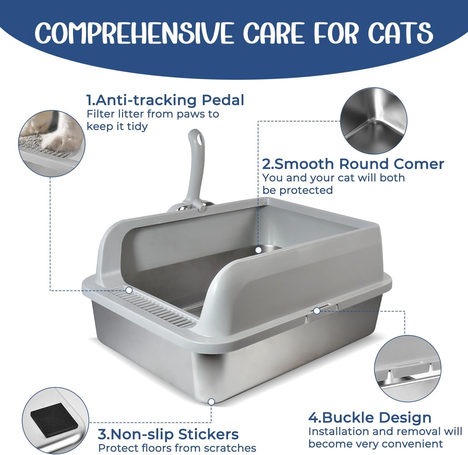 Stainless Steel Cat Litter Box with Lid, High-Wall Non-Stick Litter Pan for Small Cats, Anti-Leakage Metal Litter Box, Easy to Clean, Includes Cat Mat and Scoop, 17.2"x13.2"x7.7"