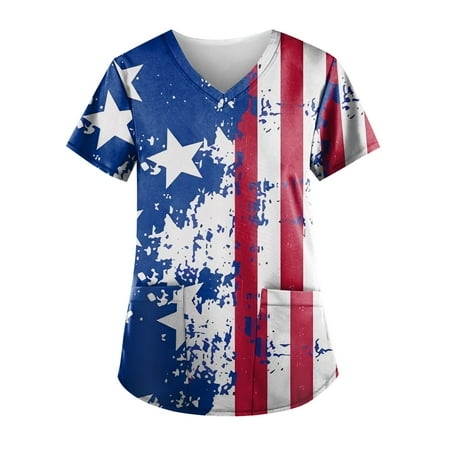 

XHJUN Scrub Tops Women Stretchy Women s Plus Size Scrub Tops Comfortable Easy Fit Lightweight Durable Soft Stretch American Flag Printed V-Neck Scrub Top Royal Blue XXL