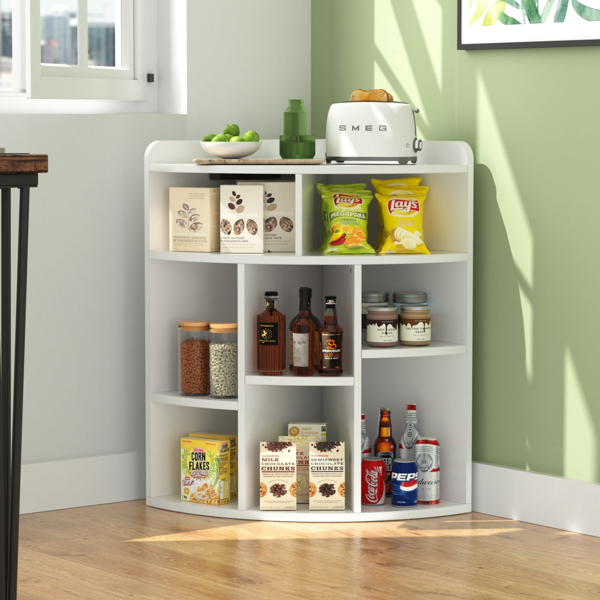 VECELO Corner Cabinet Storage with USB Ports and Outlets, Wooden Cubby Bookshelf for Small Space, Adjustable Shelves Corner Cube Toy Storage for Playroom, Bedroom, Living Room, White