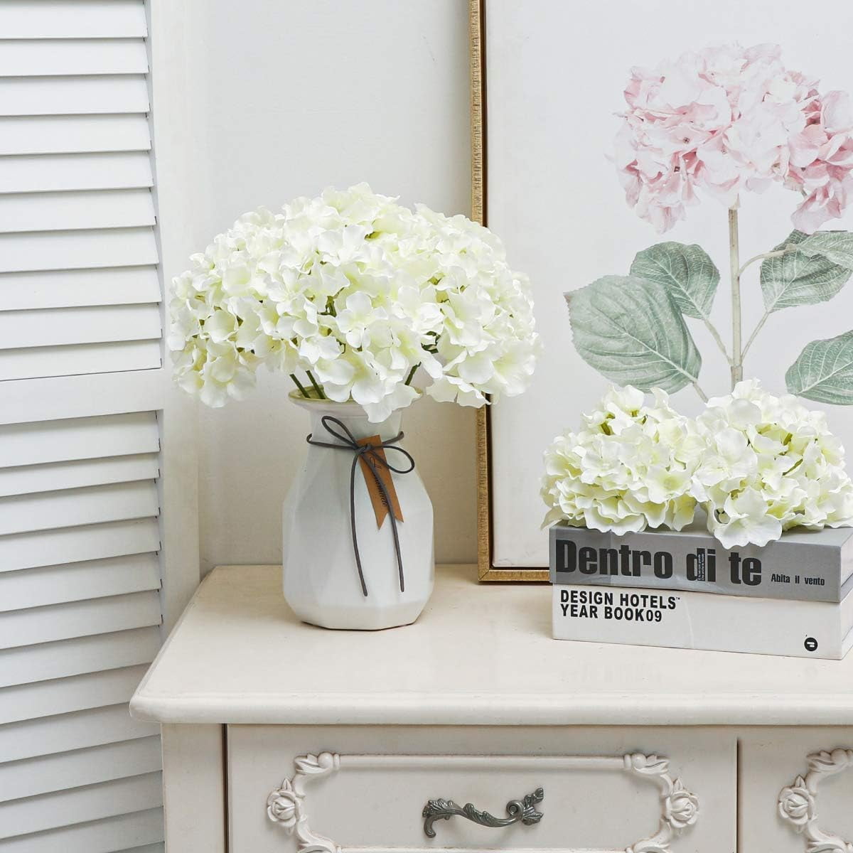 Fake White Hydrangea Artificial Flowers - Faux Silk Hydrangeas Flowers Heads with Stems Real Touch for Home Wedding Party Table Decor(CreamWhite,Pack of )