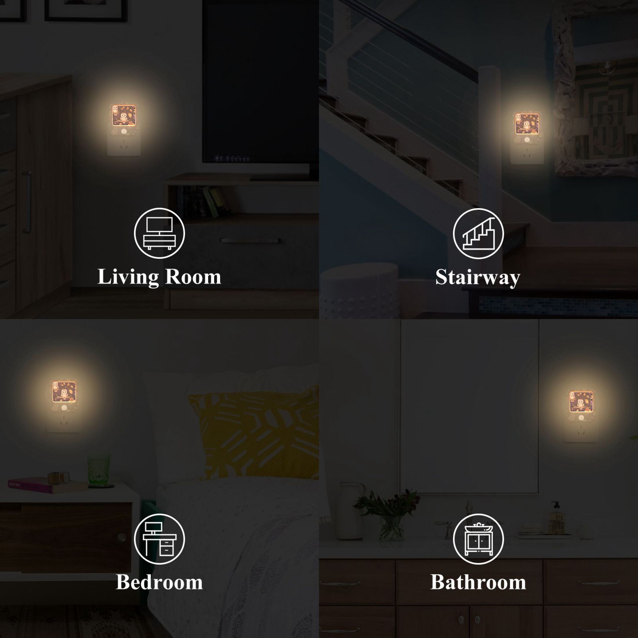 WOBOGO Adorable Baby Owls and Acorns Pattern Night Light Lamp with Smart Sensor Dusk to Dawn Sensor 0.6W Plug-in 2-Pack
