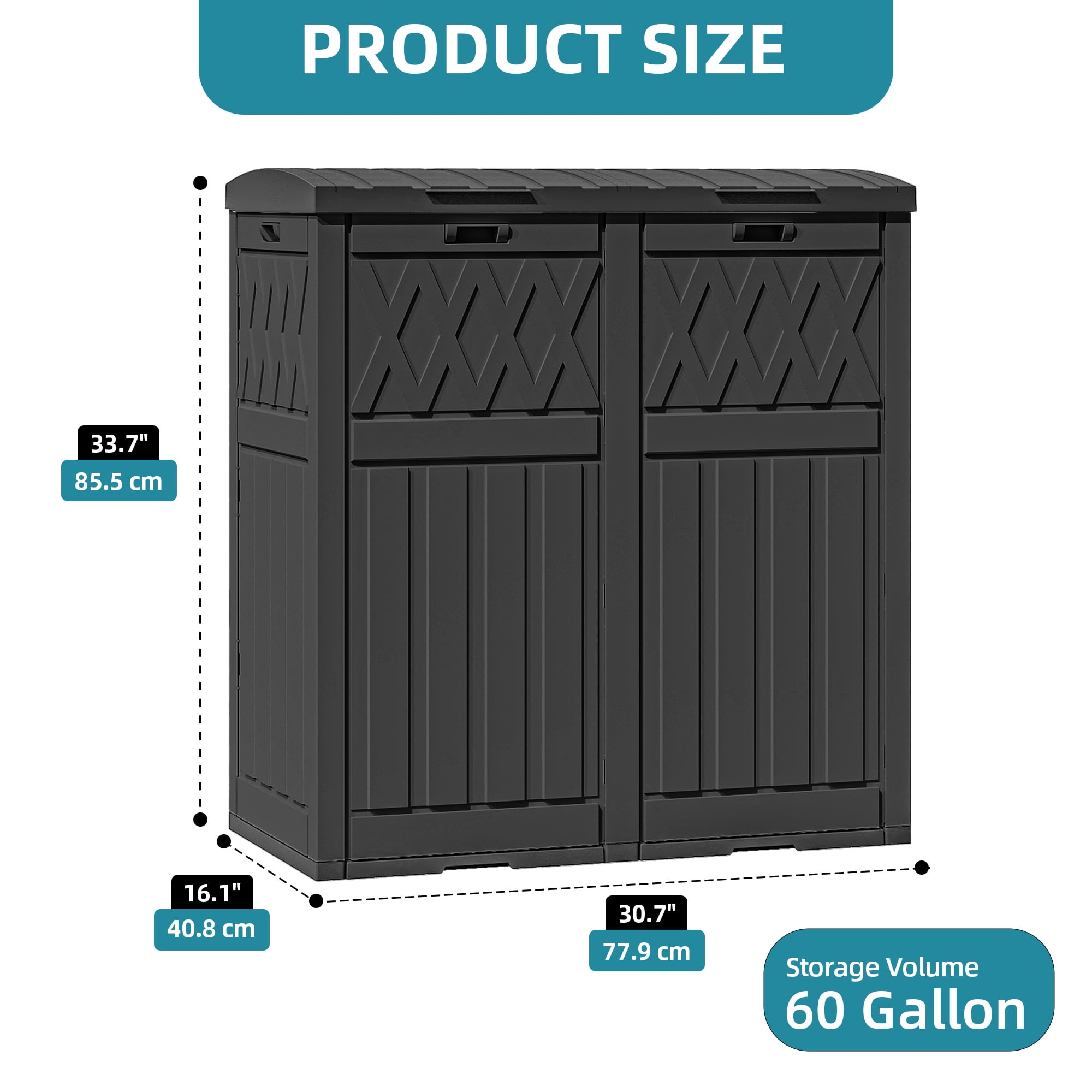 Uforic Double Compartment Outdoor Trash Can, 62 Gallon Waterproof Resin Garbage Bin with Tiered Lid and Drip Tray for Patio Deck Backyard, Black