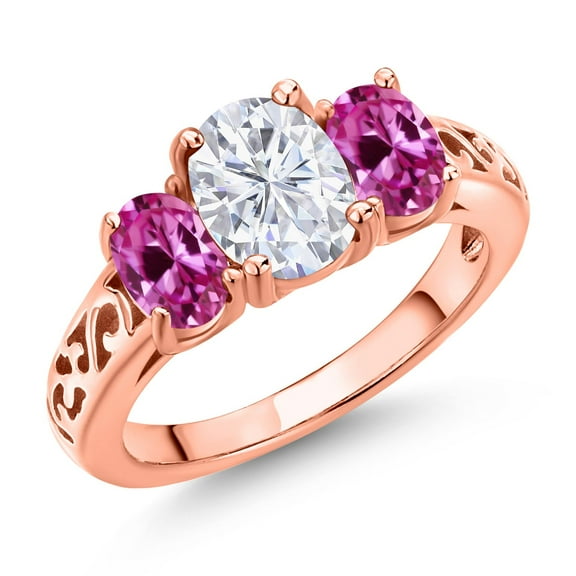 Gem Stone King 18K Rose Gold Plated Silver White Moissanite and Pink Created Sapphire Filigree Style 3 Stone Ring for Women (2.50 Cttw, Oval 8X6MM and 6X4MM) (Size 9)