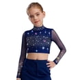 thumbnail image 3 of vastwit Kids Girls Sparkly Rhinestone Sheer Mesh Long Sleeve Shirt Skating Gymnastics Lyrical Dance Crop Top Navy Blue 8, 3 of 7