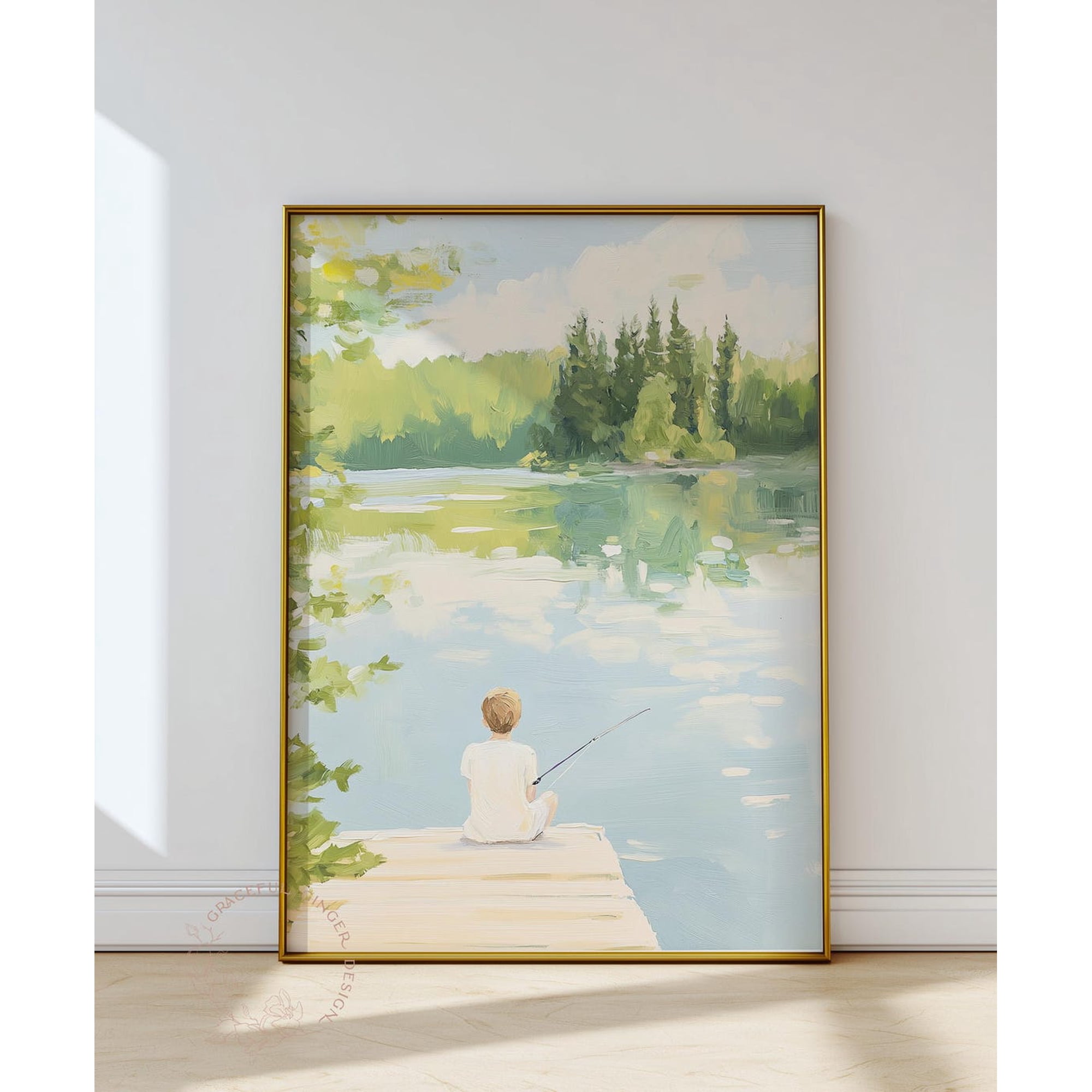 Boy Fishing Woodland Nursery Wall Art Print, Decor Unframed Paper Print
