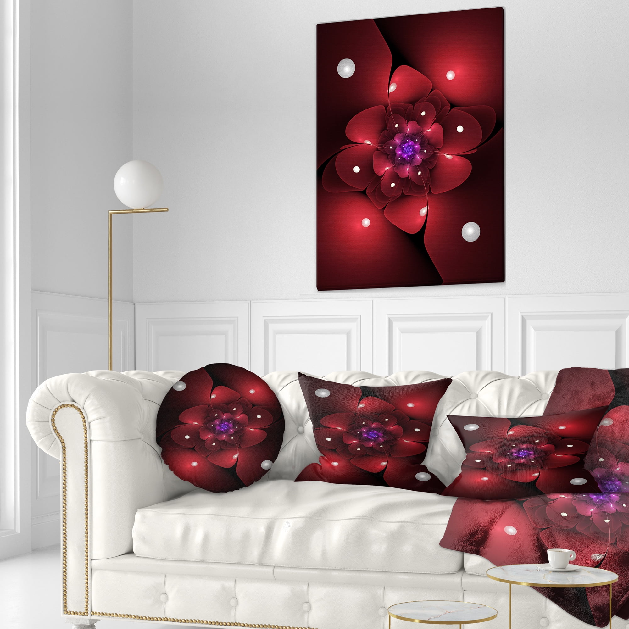 Designart Red Fractal Flower with Illumination - Floral Throw Pillow - 12x20