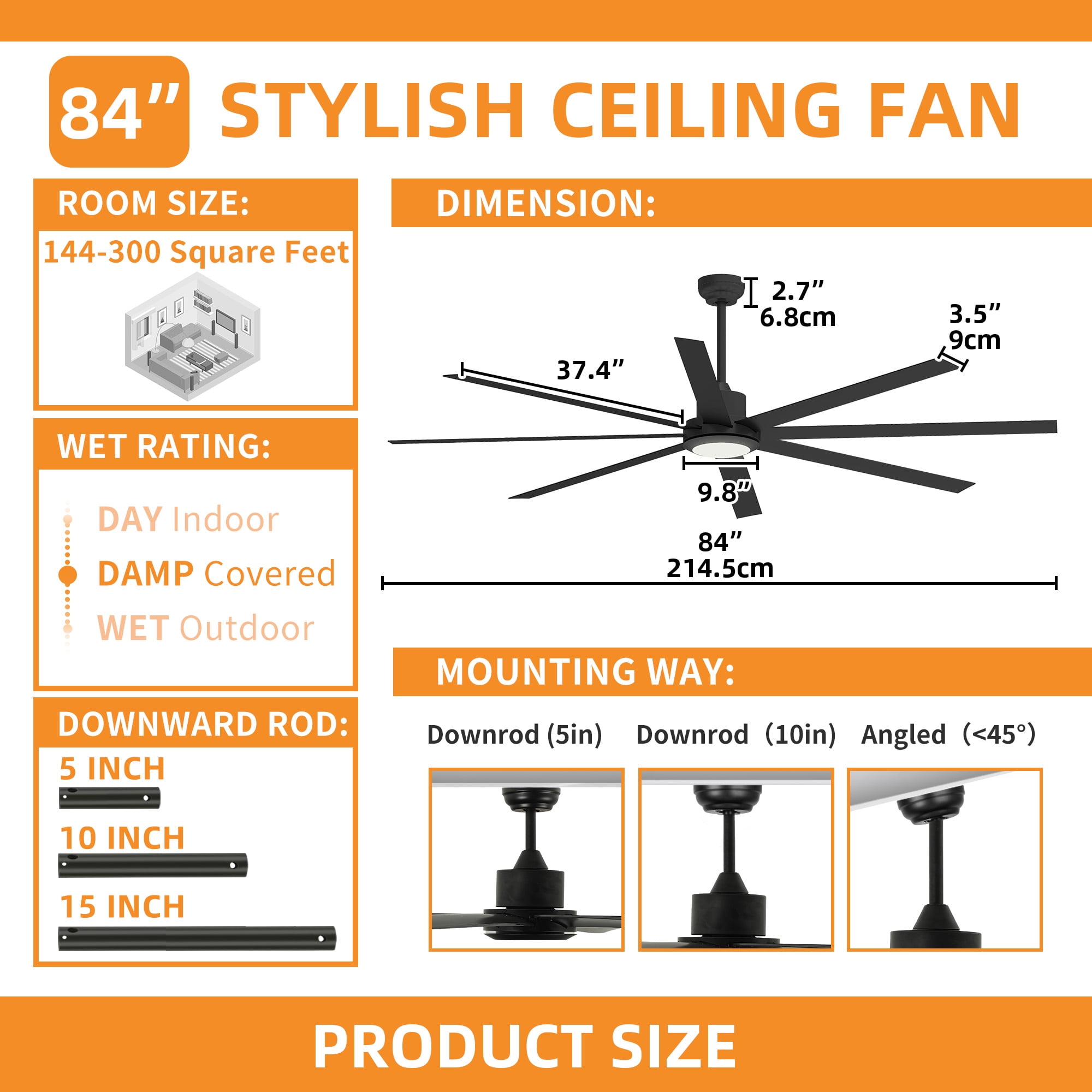Craftian 84" Large Ceiling Fan with Lights and Remote 8 Blades 6-Speed Dimmable Indoor Outdoor Ceiling Fan for Patio Living Room Garage, Black