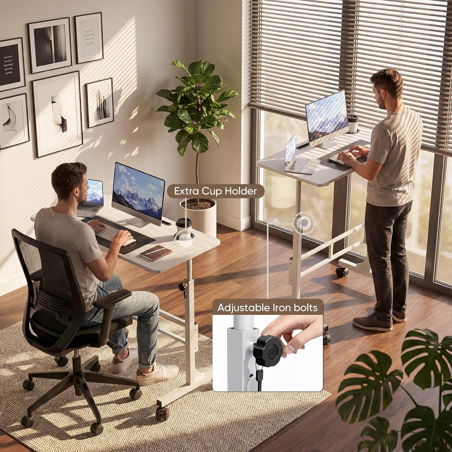 MorandiMal Small Portable Standing Desk Adjustable Height, Mobile Stand Laptop Computer Workstation with Lockable Wheels for Walking Pad Treadmill (White)