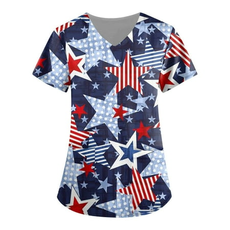

XHJUN Scrub Tops Women Ceil Blue Short Sleeve V Neck Loose Cotton Shirts Stretchy Printed V-Neck Scrub Top with Pockets Blue XXXXL