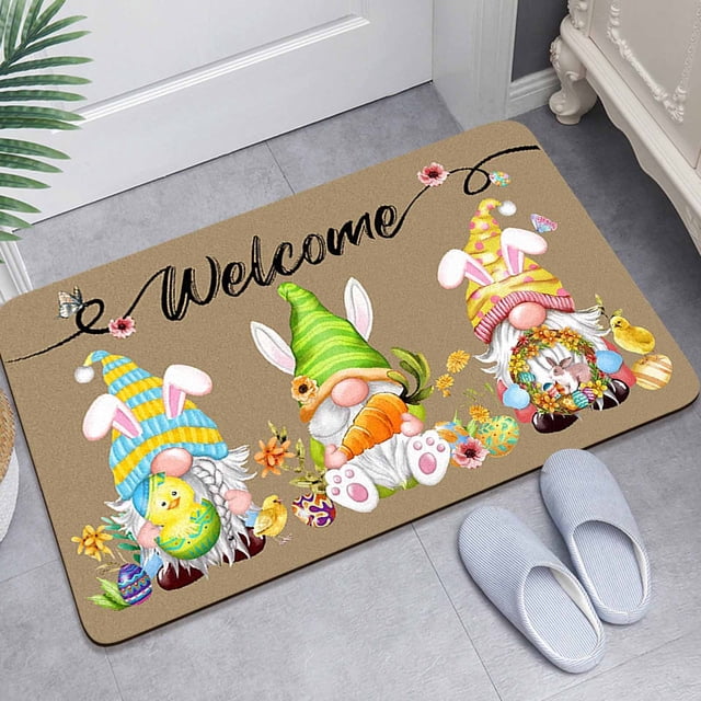 Weloille Easter Area Rug, Cartoon Rabbit Egg Pattern Non-Slip Floor Carpet, Soft Washable Absorbent Decor Mat for Living Room Bedroom Entryway Easter Home Decor