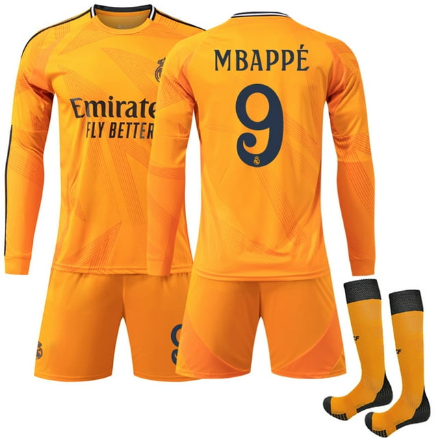 2425 Real Madrid Extérieur No. 9 MBAPPE orange Uniforme de football à Manches Longues Maillot Classique