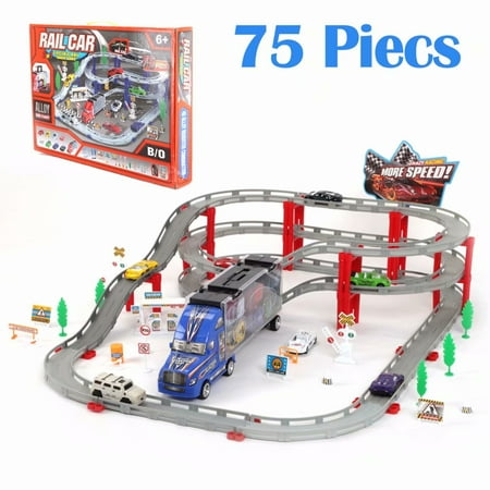 75pcs Train Set, Triple Loop Train Set Transport Car Carrier Semi Truck Toy with 6pcs Electric Car Gifts for Boys