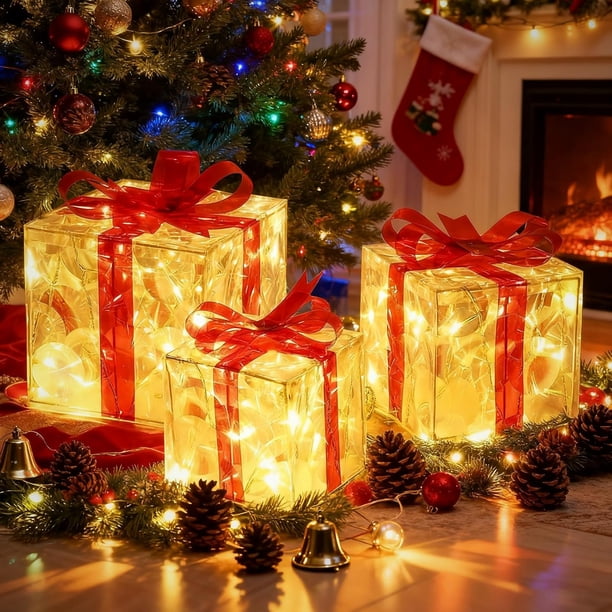 Cajas de Regalo con Luz - 3pcs 60 LED Blanca Cálida Cajas de Regalo Iluminado para Decorar Interiores, Escaparates y Jardín