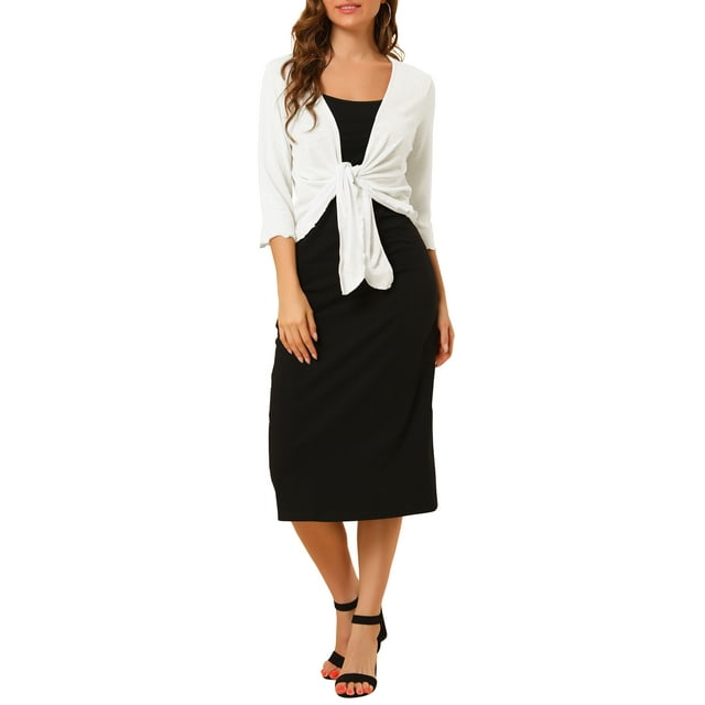 INSPIRE CHIC Junior's Open Front Shrug Self Tie 3/4 Sleeve Cardigan