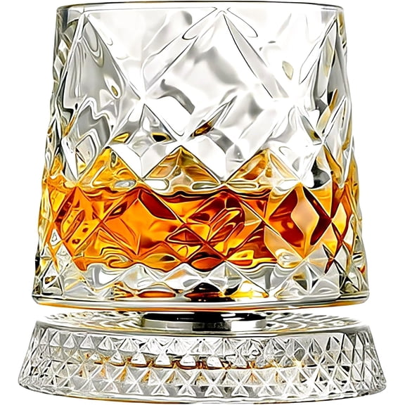 Rotating Whiskey Glass with Base, Diamond Cut Crystal Tumbler, 360° Rotating Design, 9 Oz Old Fashioned Glass for Scotch Liquor, Elegant Gift for Men
