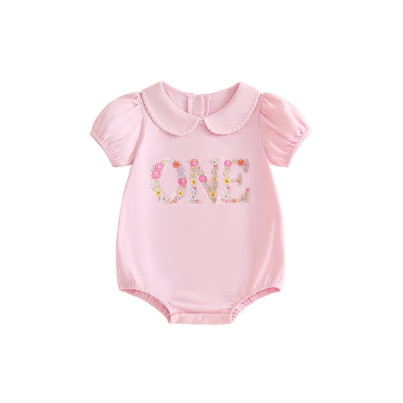 BemeyourBBs Infant Baby Girls First Birthday Outfit 1st Years Old Birthday Clothes Bubble Romper Cute Floral Letters Embroidery Short Sleeve Summer Jumpsuit Bodysuit Playsuit