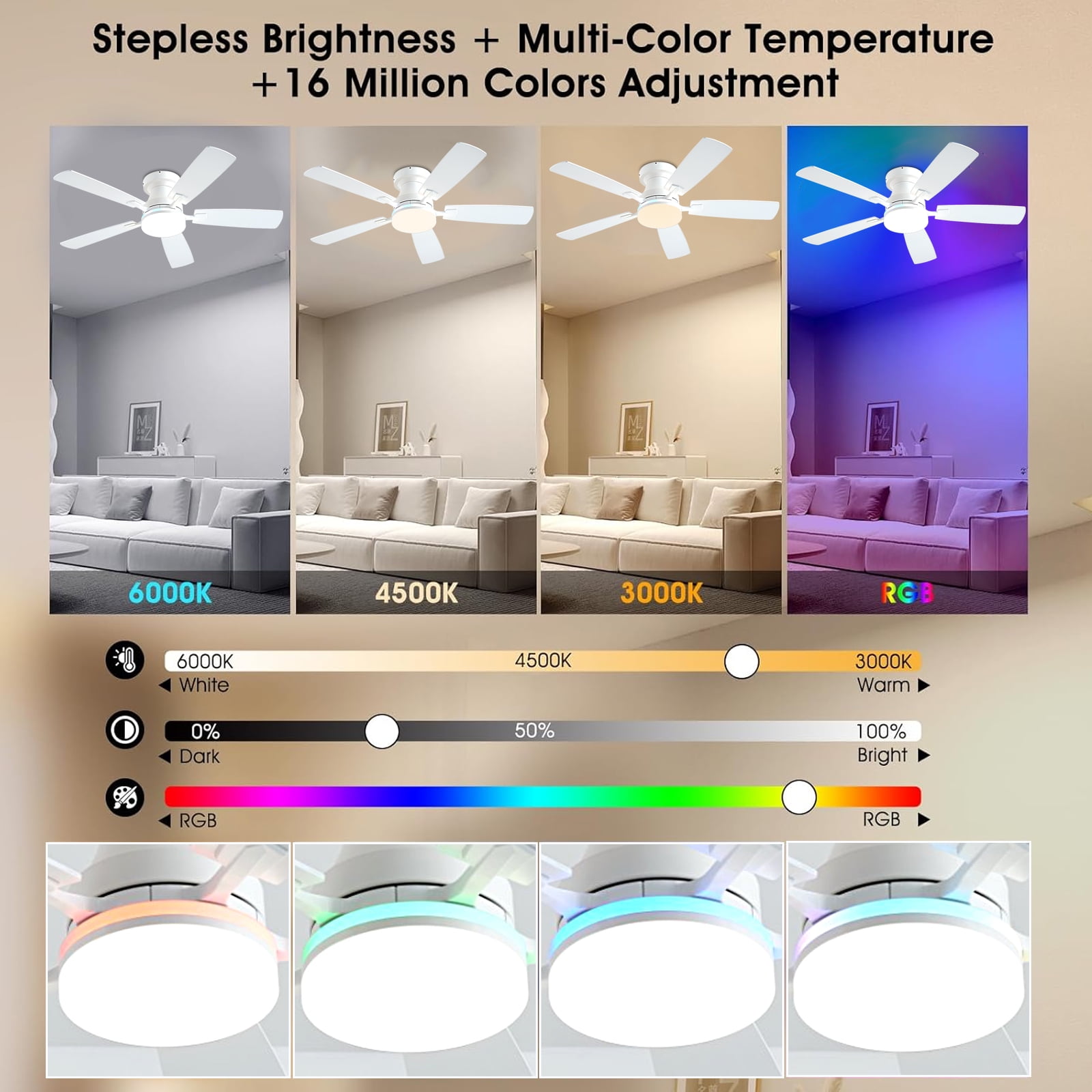 Ayaoty Ceiling Fans with Lights, 48 inch Low Profile Ceiling Fan with Light and Remote Control, Flush Mount RGB Dimmable Light, Noiseless, White Ceiling Fan for Bedroom Indoor/Outdoor Use