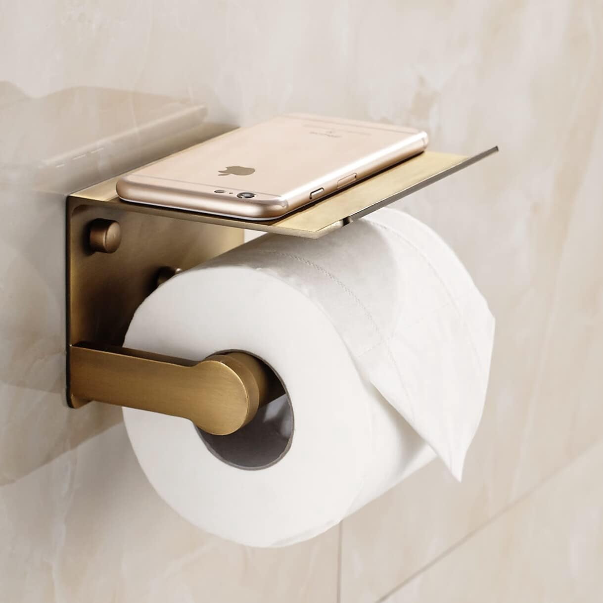 Antique Bronze Toilet Paper Holder Wall Mount with Shelf - No Drill 3M Adhesive or Screw Bathroom Tissue Dispenser-Aluminum Storage Rack for Phone Wipes Soap-Modern Organizer