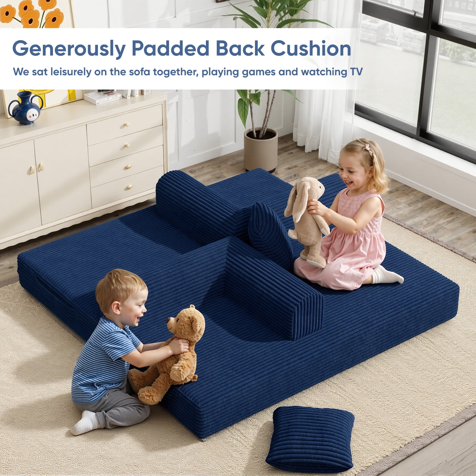 Daluvenix 4-in-1 Folding Convertible Sofa Bed 81 Inch Oversized Corduroy Upholstered Boneless Couch Loveseat Sleeper with Pull Out Bed Blue