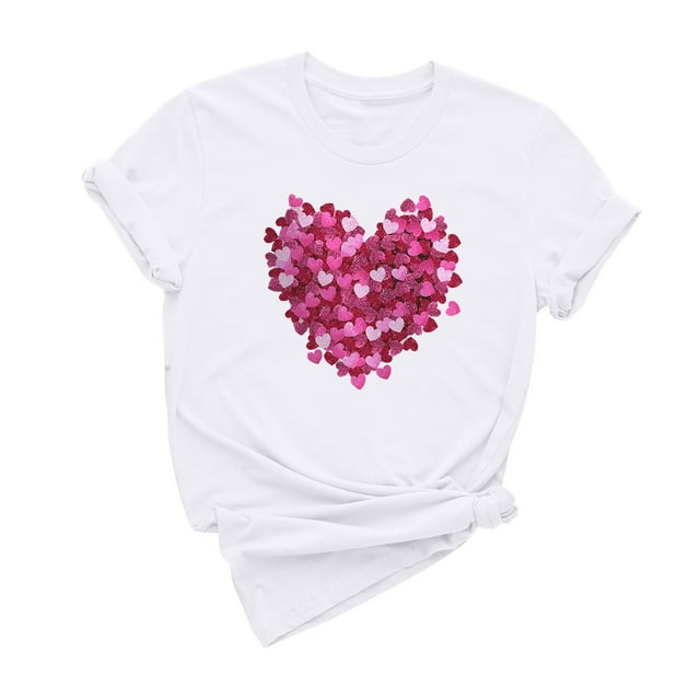 Dealovy T-Shirts pour Femmes Manches Courtes Col Rond Mignon Cœur Imprimé Couleur Unie Décontracté Été T-Shirts Unis