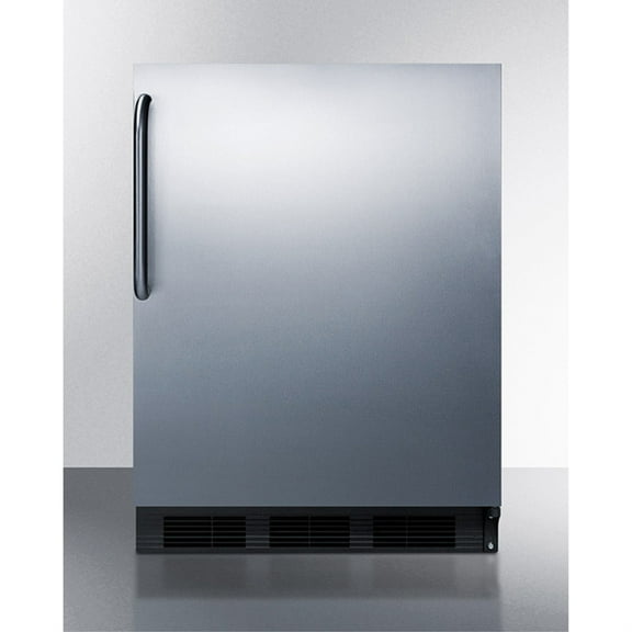 Freestanding counter height refrigerator-freezer for residential use, cycle defrost with a stainless steel wrapped door, towel bar handle, and black cabinet