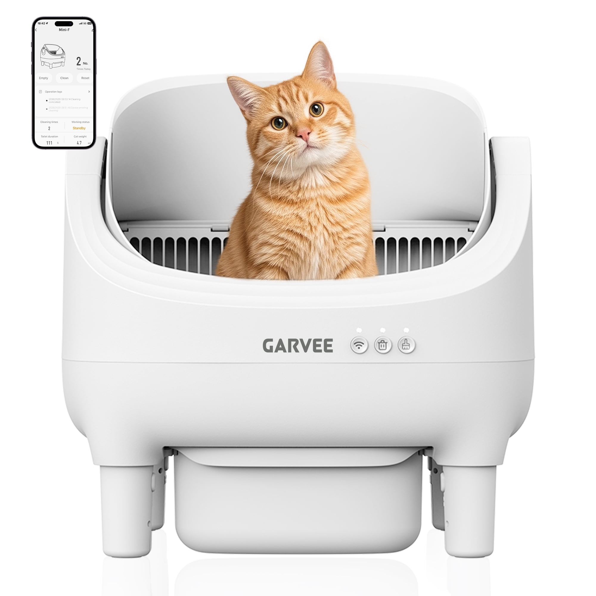 Garvee Automatic Self Cleaning Cat Litter Box, Open Top Smart Litter Box with App & WiFi Control, Odor Control, Ultra Quiet, Safety Sensors for Multiple and Large Cats (White)