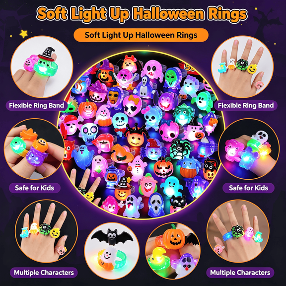 50 Pcs Led Light Rings Halloween Party Favors Toys Bulk Treats Kids Adults Glow in Dark Halloween Gifts Class Prize Supplies Flash Rubber Rings Ghost Pumpkin Goodie Bags Fillers