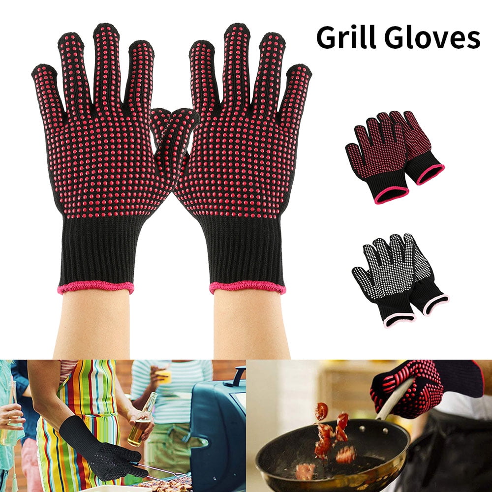001, Double Glove Finger Ten Oven Gloves Heat Resistant BBQ Glove Cooking Accessories Non-Slip Thick High Temperature Insulated Microwave Kitchen Gloves