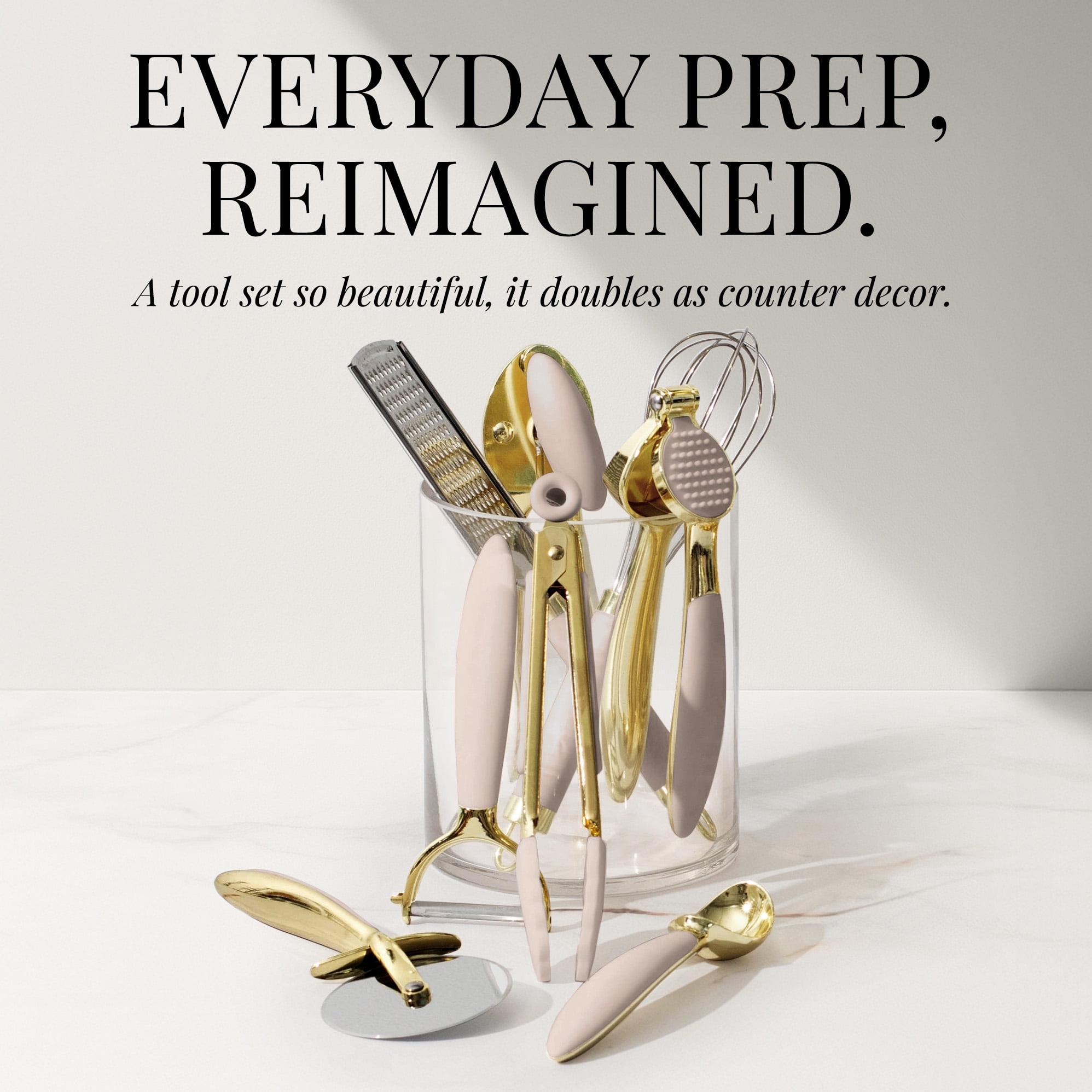 8-Piece Gold and Beige Kitchen Utensils Set – Stainless Steel Cooking Gadgets with Whisk, Tongs, Pizza Cutter, Garlic Press, Peeler, Scoop, Grater, and Can Opener