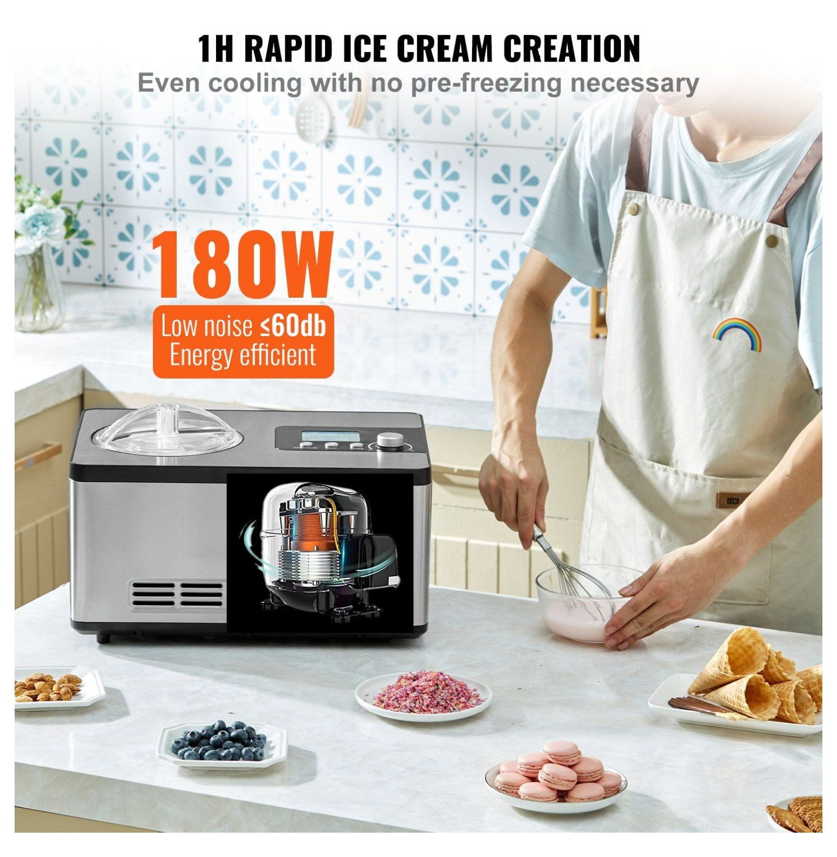 Ice Cream Maker with Compressor, 2 Quart No Pre-freeze, Fruit Yogurt Sorbet Maker, 3 Modes, LCD Display & Timer, Stainless Steel Gelato Machine, Silver