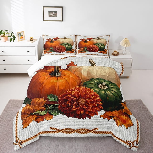 YST Queen Size Happy Thanksgiving Comforter Set For Kids, Autumn Pumpkin Bedding Set Rustic Country Farmhouse Quilt Fall Maple Leaves Bedding Comforter Sets 3 Piece With 2 Pillow Cases