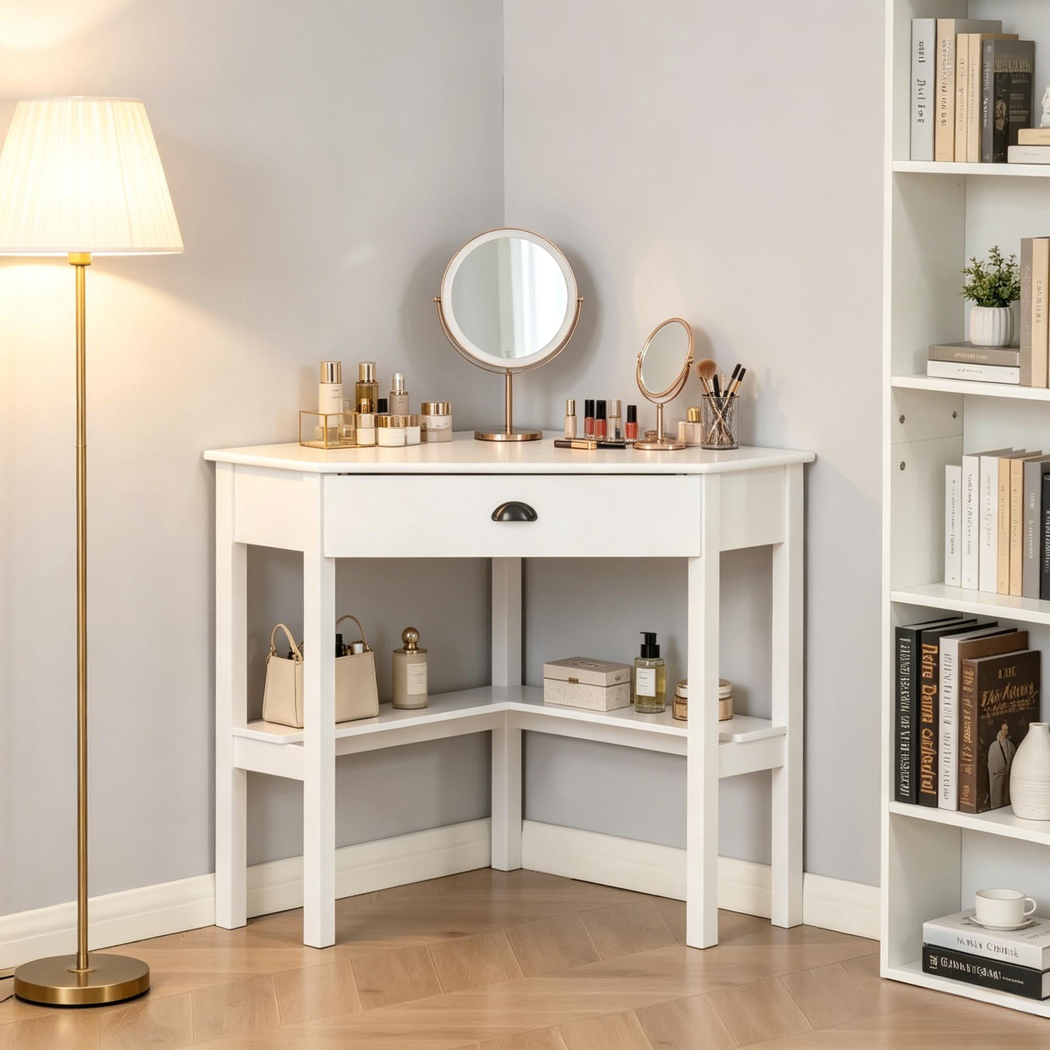 Triangle Corner Vanity Desk, P2 MDF Space Saving Dressing Table with Drawer & Open Storage Shelves, Multi-Functional Corner Computer Writing Table for Bedroom Living Room Apartment