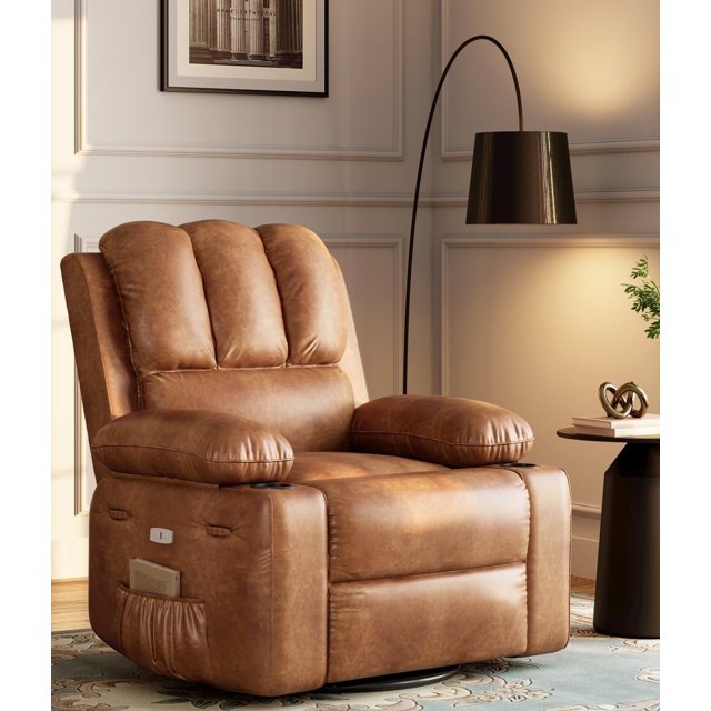 Recliner Chair with Massage & Heat, Swivel Faux Leather Rocking Chair