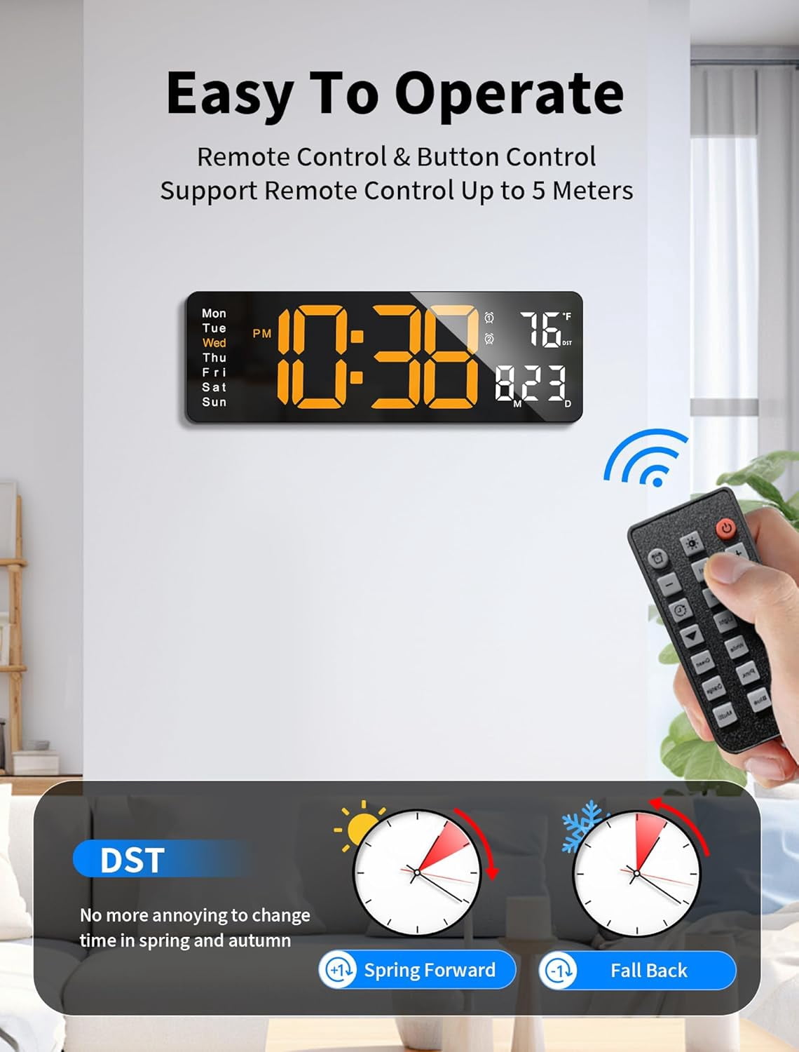 Large Digital Wall Clock with Remote Control, RGB Atmosphere Lights with 11 Scenes Mode, Dual Alarms with Big LED Display, Auto DST, Temperature for Classroom Gaming