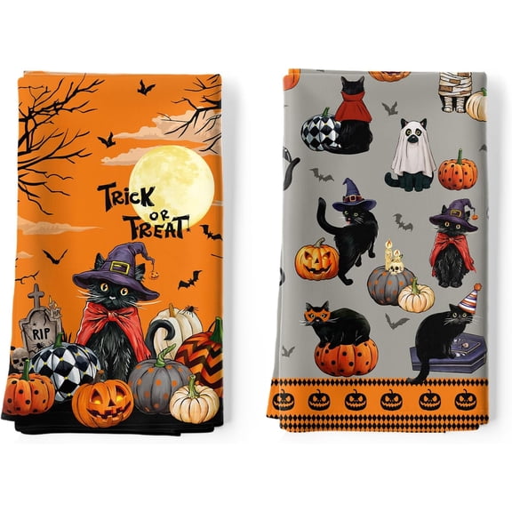 Halloween Black Cat Kitchen Towels Set of 2, 18x26 Inch Trick Or Treat Pumpkin Bat Tombstone Moon Holiday Dish Towels, Decorative Hand Towels for Kitchen